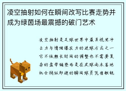 凌空抽射如何在瞬间改写比赛走势并成为绿茵场最震撼的破门艺术