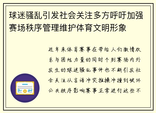 球迷骚乱引发社会关注多方呼吁加强赛场秩序管理维护体育文明形象