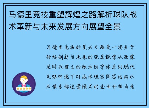 马德里竞技重塑辉煌之路解析球队战术革新与未来发展方向展望全景